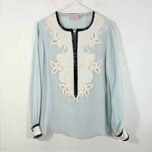 Rungolee Blue White Silk Black Leather Trim Zip Split Long Sleeve Blouse Small